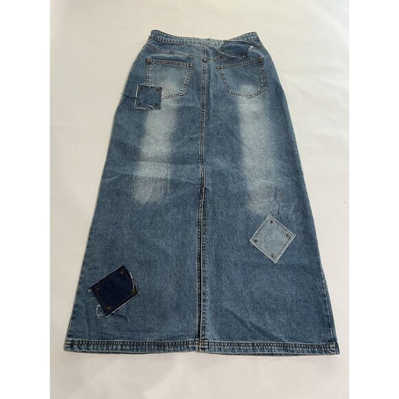 Sunshine Apparel Patchwork Midi Denim Skirt in Blue - Picture 2 of 3